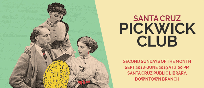 Pickwick Club banner image with portrait of Charles Dickens with his daughters
