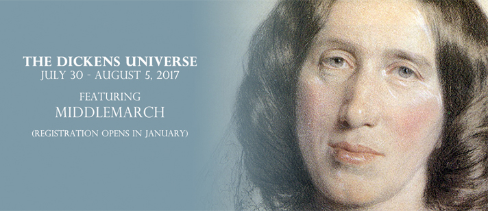 2017 Dickens Universe banner image with portrait of George Eliot