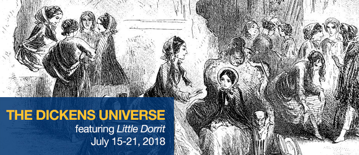 2018 Dickens Universe banner image with portrait of George Eliot